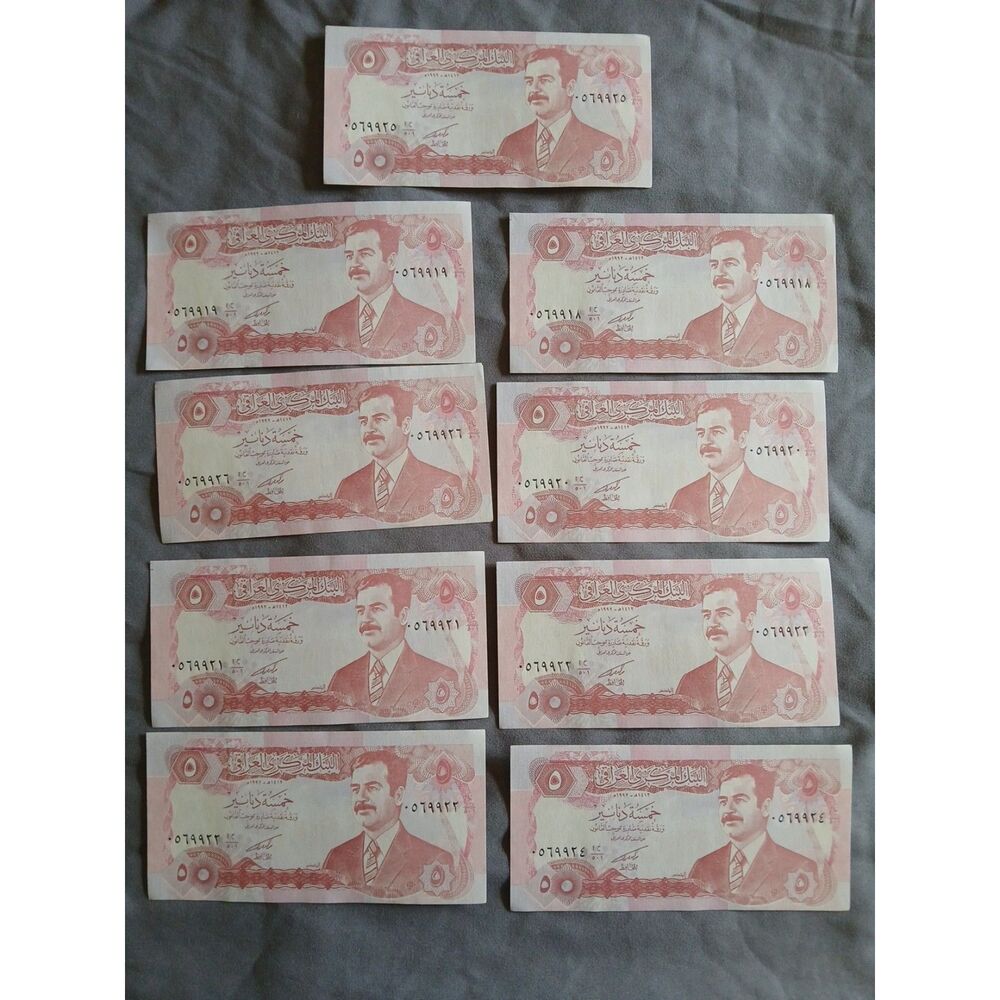 Iraq 5 Dinars 1992 Saddam Hussein P-80 Lot 9 Consecutive Serial UNC Notes